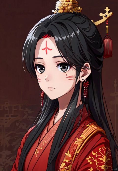 1girl, solo, long hair, bangs, black hair, hair ornament, long sleeves, jewelry, closed mouth, upper body, black eyes, facial mark, expressionless, chinese clothes, beads, forehead mark, hair stick, hanfu, 1girl