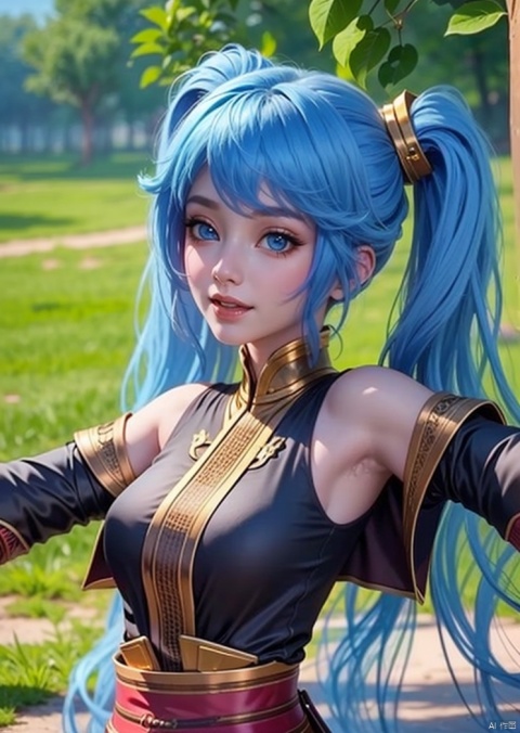 1girl, solo, long hair, looking at viewer, smile, blue eyes, hair ornament, twintails, very long hair, blue hair, upper body, detached sleeves, lips, blurry background, outstretched arms, sona \(league of legends\), 1girl