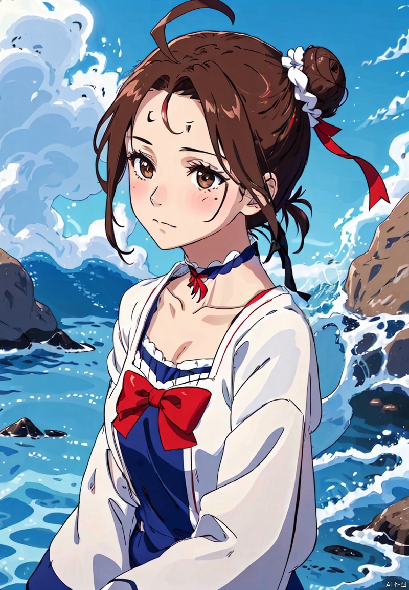 1girl, solo, blush, bangs, brown hair, long sleeves, ribbon, brown eyes, closed mouth, collarbone, ahoge, outdoors, sky, day, wide sleeves, hair bun, blurry, blue sky, looking to the side, double bun, 1girl, Forehead imprint,,