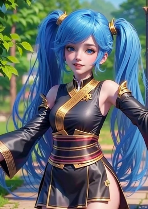 1girl, solo, long hair, looking at viewer, smile, blue eyes, hair ornament, twintails, very long hair, blue hair, upper body, detached sleeves, lips, blurry background, outstretched arms, sona \(league of legends\), 1girl