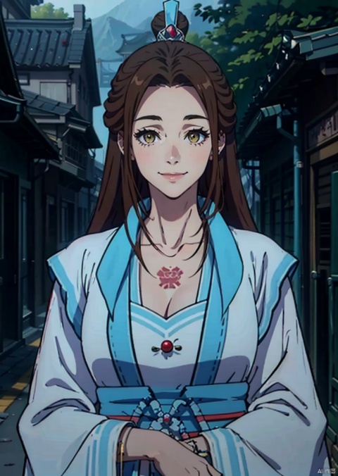 1girl, solo, long hair, A large chest,breasts, smile, brown hair, long sleeves, dress, cleavage, jewelry, yellow eyes, wide sleeves, necklace, tattoo, chinese clothes, beads, hanfu,
Hair crown,High incidence coronavirus,