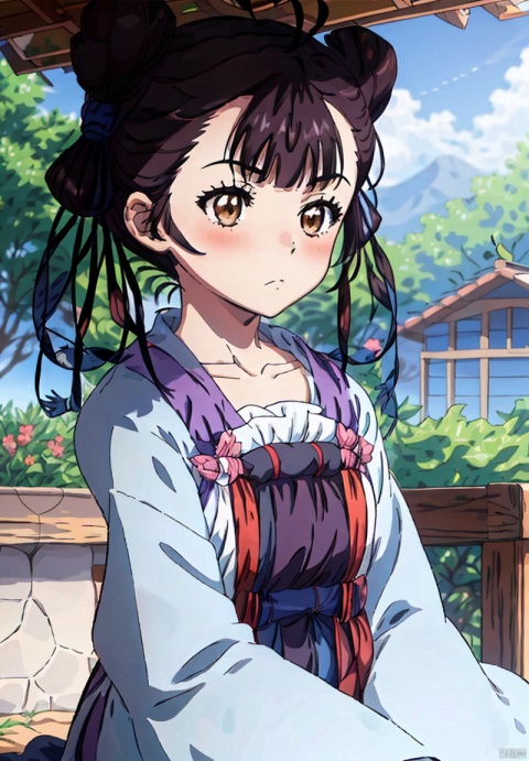 1girl, solo, blush, bangs, brown hair, long sleeves, ribbon, brown eyes, closed mouth, collarbone, ahoge, outdoors, sky, day, wide sleeves, hair bun, blurry, blue sky, looking to the side, double bun