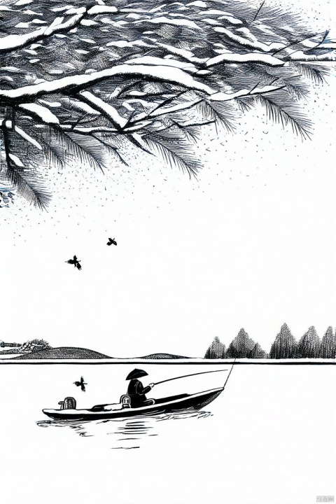1艘小船在白雪皑皑的江面上,1名男子穿着雨衣,头戴斗笠,坐在上面钓鱼。白色雪花飘落,寒冷,冬天,水墨画