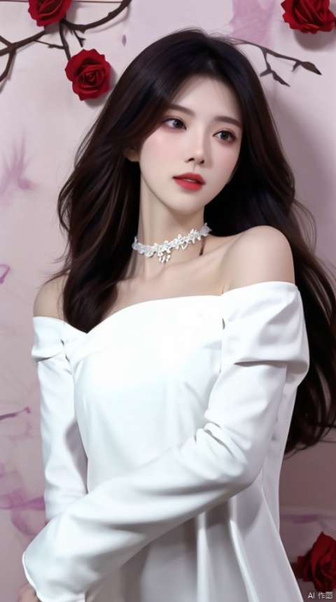  1girl, solo, red flower, flower, blue eyes, long hair, holding flower, holding, rose, dress, petals, hair ornament, red rose, lying, long sleeves, white hair, on back, white dress, looking at viewer, choker, parted lips, bare shoulders, blush, bangs, off shoulder, black choker, hair flower, off-shoulder dress, very long hair, collarbone, puffy long sleeves, puffy sleeves, rose petals, hair between eyes,eyesseye, dofas, crystal, yunbin,<lora:660447313082219790:1.0>