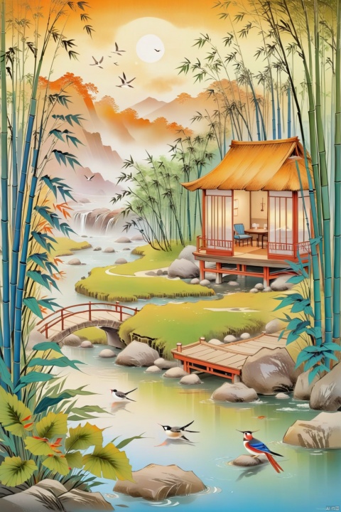 , A cottage in bamboo forest, peaceful, tranquil stream, birds chirping, serene atmosphere, natural freshness, illustration, best quality, 4k, highres, ultra-detailed, realistic, vivid colors, HDR, studio lighting, sharp focus, portraits, landscape, professional, bokeh, vibrant colors, warm tones, soft lighting