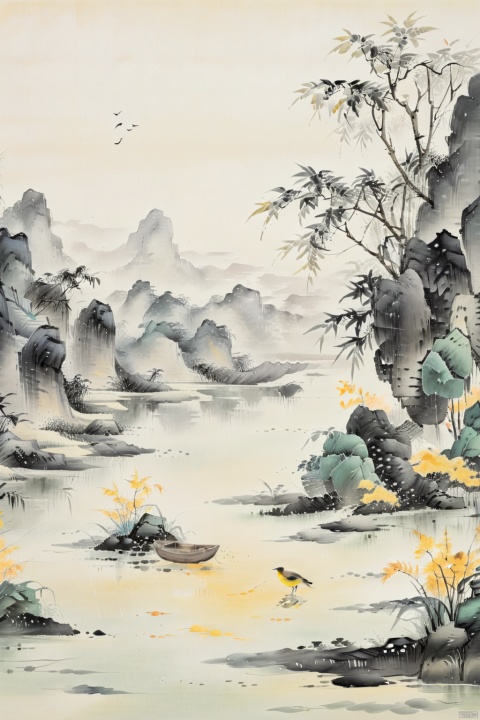 Tranquil riverside scene, lush water grass, distant yellow oriole bird, rainy ambiance, empty boat in the water, serene atmosphere, traditional Chinese landscape painting, realistic, high detailed, traditional chinese ink painting,guofeng,guohua