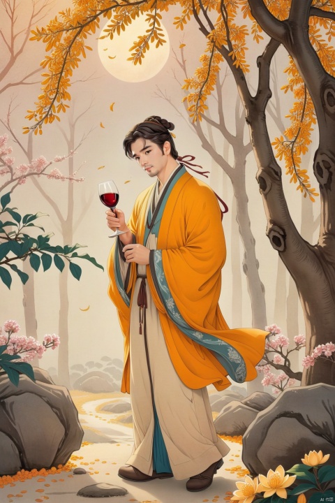A man's gentle hand cradles a wine gourd as he strolls beneath the radiant canopy of blooming osmanthus, bathed in soft, dappled moonlight. The vintage color palette evokes nostalgia, with warm tones and muted hues. Ultra-detailed, photorealistic rendering captures every crease and texture. Studio lighting casts a professional glow, emphasizing vivid colors and subtle bokeh effect. Portraits of this moment frozen in time.