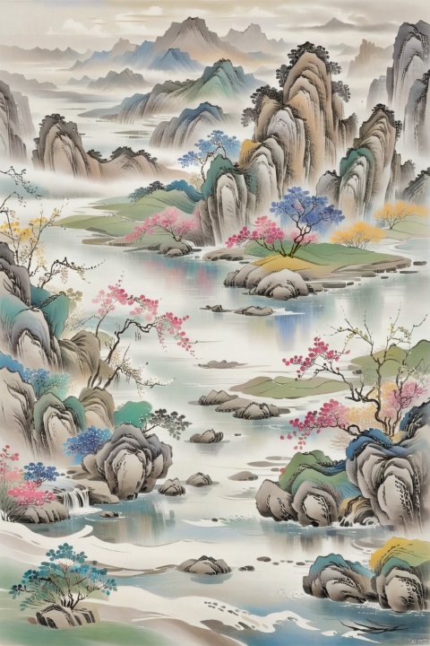 guohuashanshui,Chinese ink wash landscape painting style,jieqi,master piece, high quality, peaceful mountains and flowing rivers, lush greenery, bright sunshine, gentle breeze, serene and tranquil. The willow branches swaying lightly, the fragrance of flowers filling the air, village embraced by a sea of flowers, a hidden paradise. Crystal clear stream reflecting the green mountains and blue sky, gentle breeze.
Best quality, highres, ultra-detailed, realistic:1.37, HDR, vivid colors, landscape, soft pastel color tones, soft natural lighting