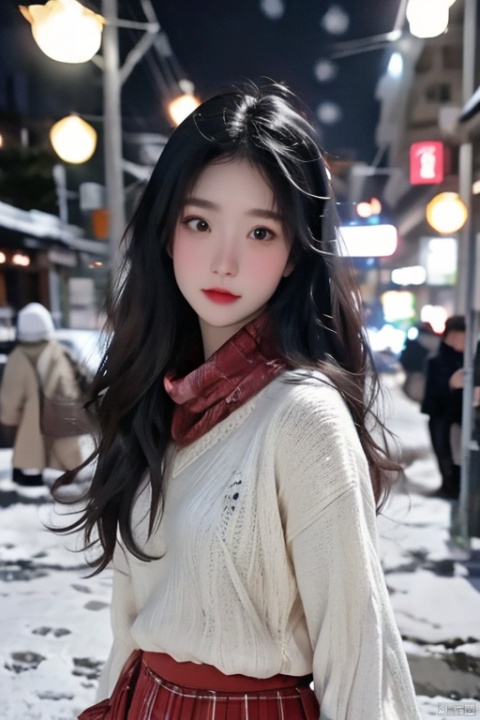  a girl,red wavy long curly hair, beautiful and detailed eyes, scarf, sweater, winter, snowing, standing under the street lamp, upper body, night, night, backlighting,kamisama, xiqing, 1girl, christmas,high_heels,skirt, 2.5D,moyou, beautiful face,,<lora:660447313082219790:1.0>