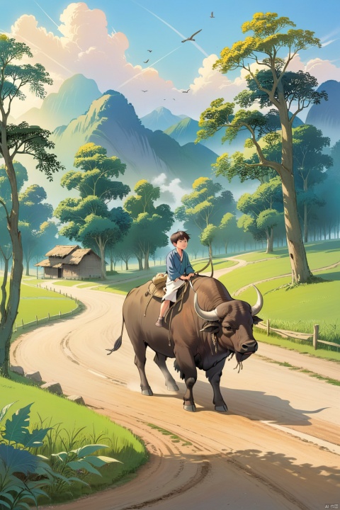 A boy riding on a big buffalo on a tranquil dirt road,sunlight filtering through the trees,peaceful countryside scene,serene atmosphere,bucolic landscape,harmonious scenery,solitude,serenity,gentle breeze,clear sky,clean air,peaceful village,beautiful countryside,harmony with nature,tranquil environment,relaxing view,peaceful setting,serene ambiance,relaxing and tranquil setting,bucolic setting