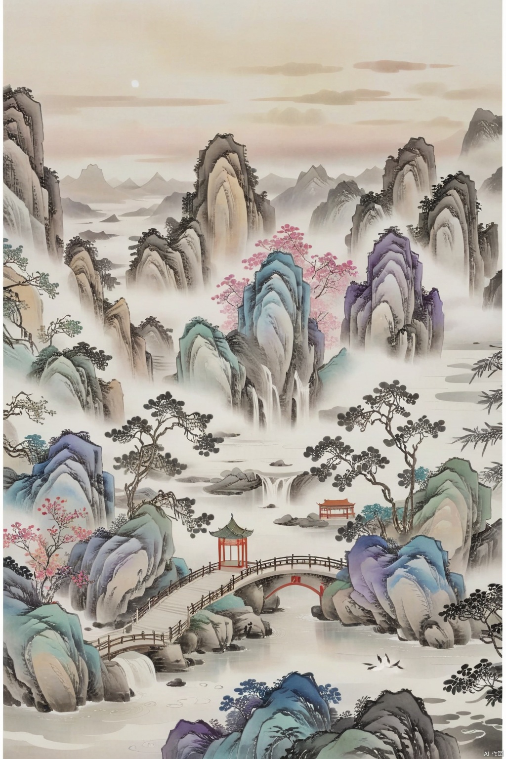 guohuashanshui,Chinese ink wash landscape painting style,jieqi,a square pond with a size of half an acre, its crystal clear water shining **** a mirror, reflecting the light and shadows of the sky and floating clouds. The sunlight filters through the clouds, creating a beautiful light show on the water surface. A clear freshwater spring runs into the pond, giving it a constant motion and a mesmerizing flow. This little pond exudes vitality and energy, and envelops you in its calm and tranquil beauty, just **** feeling the natural breath and rhythm. The artwork is in high definition with exquisite details, emphasizing the beauty of the natural pond.