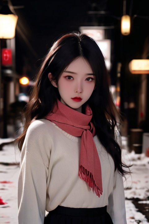  a girl,red wavy long curly hair, beautiful and detailed eyes, scarf, sweater, winter, snowing, standing under the street lamp, upper body, night, night, backlighting,kamisama, xiqing, 1girl, christmas,high_heels,skirt, 2.5D,moyou, beautiful face,<lora:660447313082219790:1.0>
