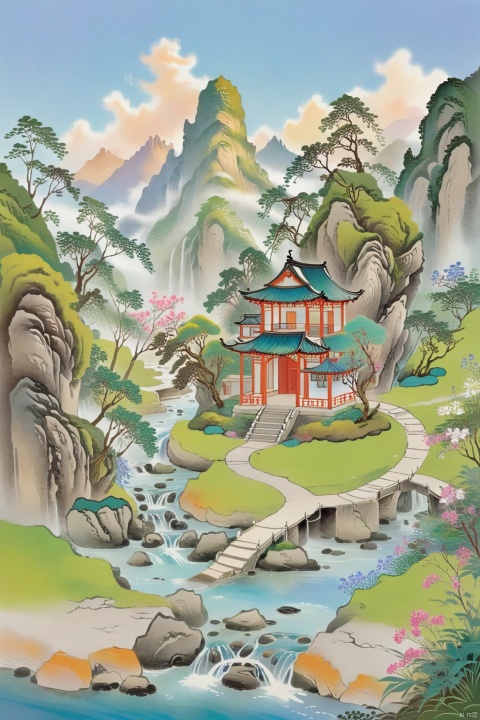 A serene and tranquil scene, an ancient temple surrounded by moss-covered trees, with a winding mountain path leading to it, under a clear blue sky dotted with fluffy white clouds. The setting is peaceful and harmonious, with the gentle sound of flowing water from a nearby stream, and delicate wildflowers blooming along the creek.