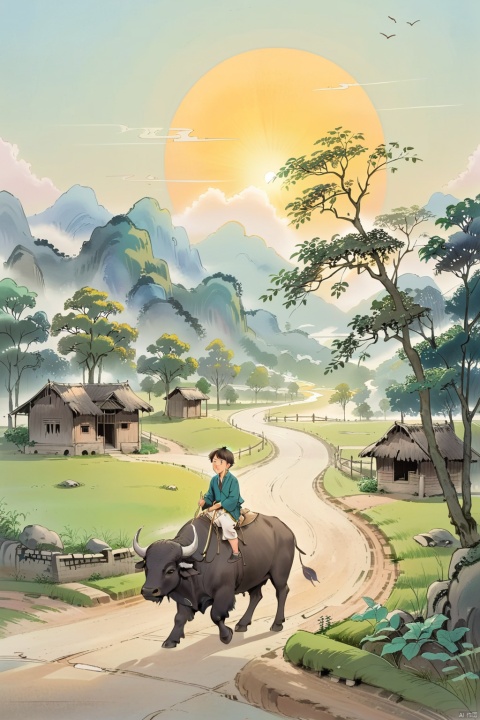 A boy riding on a big buffalo on a tranquil dirt road,sunlight filtering through the trees,peaceful countryside scene,serene atmosphere,bucolic landscape,harmonious scenery,solitude,serenity,gentle breeze,clear sky,clean air,peaceful village,beautiful countryside,harmony with nature,tranquil environment,relaxing view,peaceful setting,serene ambiance,relaxing and tranquil setting,bucolic setting