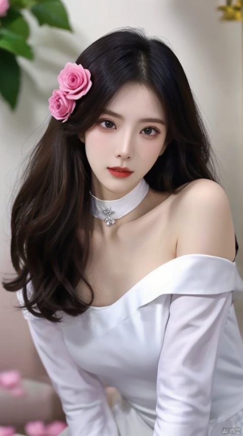  1girl, solo, red flower, flower, blue eyes, long hair, holding flower, holding, rose, dress, petals, hair ornament, red rose, lying, long sleeves, white hair, on back, white dress, looking at viewer, choker, parted lips, bare shoulders, blush, bangs, off shoulder, black choker, hair flower, off-shoulder dress, very long hair, collarbone, puffy long sleeves, puffy sleeves, rose petals, hair between eyes,eyesseye, dofas, crystal, yunbin,<lora:660447313082219790:1.0>