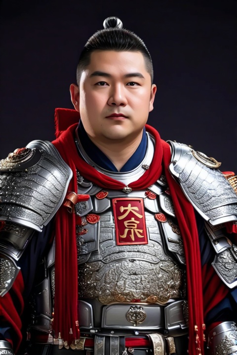 一个身穿中国古代铠甲的将军,亚洲男性,身材高大强壮,圆脸,微胖,眼神凶狠,魁梧,中国古代甲胄,中国盔甲,颜色鲜艳的中国服饰,铠甲银色金属光泽。头部有红色装饰,超清晰画质,4K