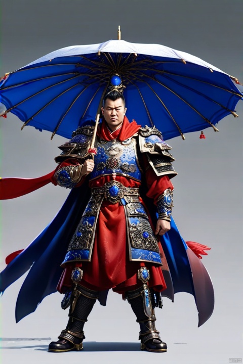 一个身穿中国古代盔甲的将军,手拿宝石装饰的华丽雨伞,表情愤怒霸气,身材高大强壮,怒目圆睁,,背景简单,中国风格铠甲,盔甲有灰色金属光泽,中国甲胄,中国风格装饰,身上有蓝色和红色的飘带装饰。超清晰,4K