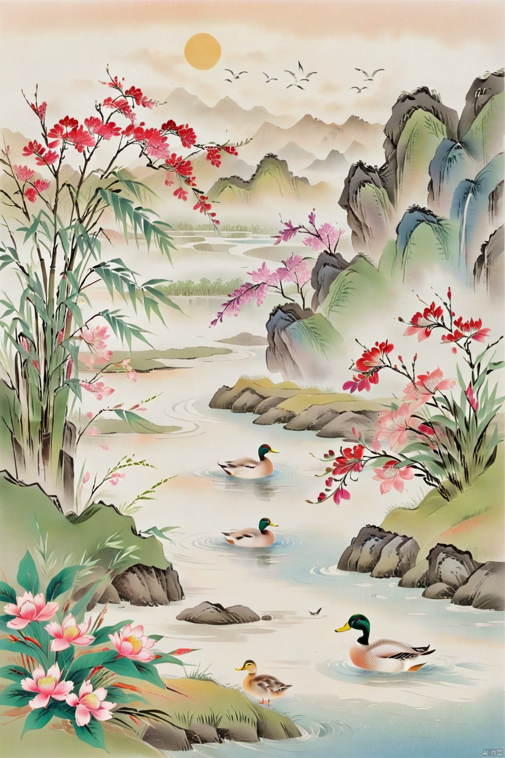 a serene spring scene,a river with ducks swimming, a bamboo forest by the river,a few peach trees outside the bamboo forest, blooming peach blossoms,medium:illustration,realistic,highres,ultra-detailed,photorealistic:1.37,studio lighting,vivid colors,bokeh,landscapes.