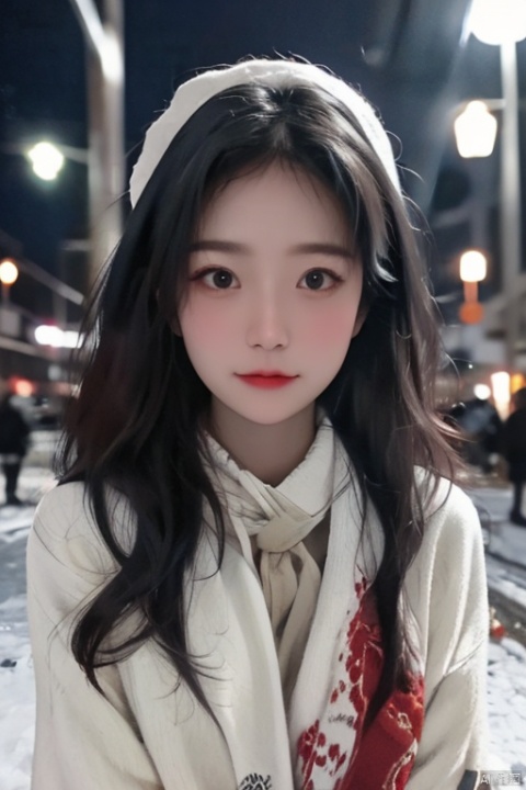  a girl,red wavy long curly hair, beautiful and detailed eyes, scarf, sweater, winter, snowing, standing under the street lamp, upper body, night, night, backlighting,kamisama, xiqing, 1girl, christmas,high_heels,skirt, 2.5D,moyou, beautiful face,,<lora:660447313082219790:1.0>