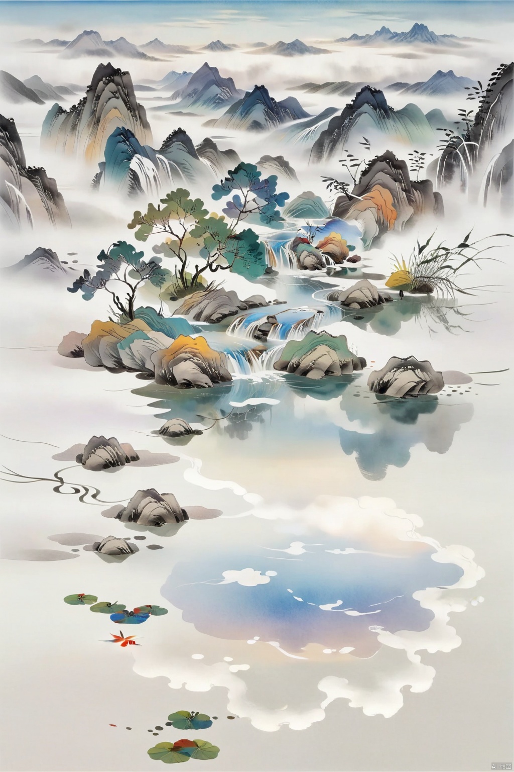 A pond in the clear, mirror-like water, with the reflection of the sky and clouds, rippling waves on the surface, fresh water flowing from the source, natural scenery beautiful and elegant, serene and picturesque.illustration,realistic,4k,highres,(best quality,masterpiece:1.2),ultra-detailed,photorealistic:1.37,HDR,vivid colors,studio lighting,sharp focus,ultra-fine painting,landscape, traditional chinese ink painting