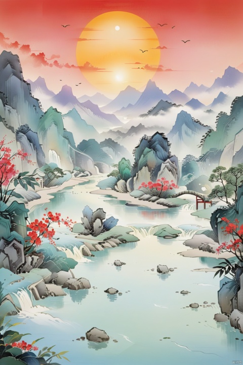 A picturesque scene with the grandeur of Chinese red, poetic elegance, and traditional elements, overlooking a tranquil river with the sun rising, crimson flowers floating on the water, and an ethereal mist enveloping the mountains. The scene exudes a sense of timeless beauty and harmony, capturing the essence of spring with deep green river waters, sparkling blue gemstones, and fresh, vivid colors. The entire landscape appears as if the heavens and earth have converged, creating a mesmerizing and serene atmosphere. The detailed depiction of the surroundings should have the best quality (4k,8k,highres,masterpiece:1.2) and be ultra-detailed with a realistic, photorealistic style (photo-realistic:1.37). The lighting should emphasize studio lighting, sharp focus, vivid colors, and an overall sense of tranquility.