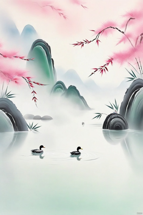a serene spring scene,a river with ducks swimming, a bamboo forest by the river,a few peach trees outside the bamboo forest, blooming peach blossoms,medium:illustration,realistic,highres,ultra-detailed,photorealistic:1.37,studio lighting,vivid colors,bokeh,landscapes.