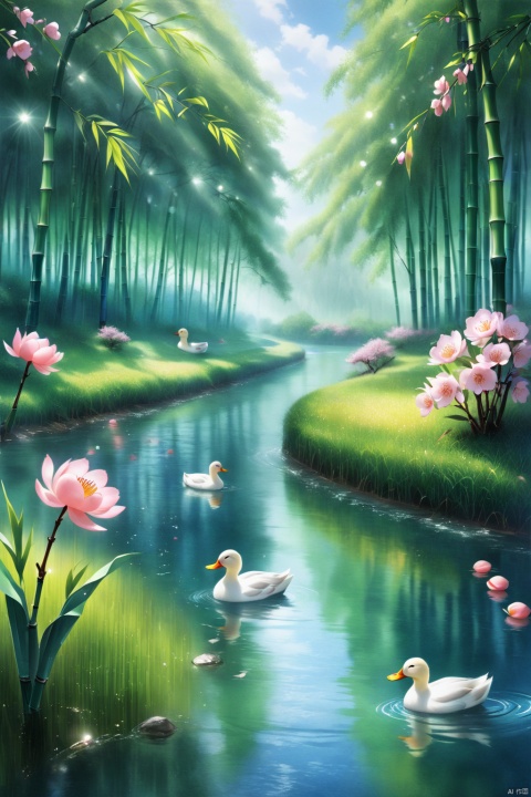 a serene spring scene,a river with ducks swimming, a bamboo forest by the river,a few peach trees outside the bamboo forest, blooming peach blossoms,medium:illustration,realistic,highres,ultra-detailed,photorealistic:1.37,studio lighting,vivid colors,bokeh,landscapes.