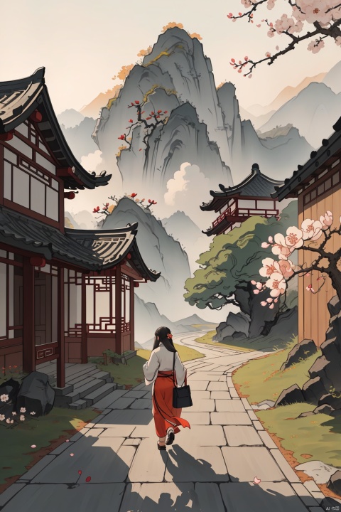 Chinese,Chinese ink wash landscape painting style,jieqi,guohuashanshui,Continuous mountain ridges,footprints,straw sandals,dusk descending,walking on the path home,a plum blossom tree flourishing on a branch,blossoming flowers,essence of spring,(best quality, 4k, 8k, highres, masterpiece:1.2),ultra-detailed,(realistic, photorealistic, photo-realistic:1.37),tranquil journey,(evening's glow:1.1),(return to warmth:1.1),(spring's arrival:1.1),(floral fragrance:1.1),(rustic beauty:1.1),(pathway to solace:1.1),(harmony with nature:1.1),(timeless landscape:1.1),(sense of belonging:1.1),(seasonal bloom:1.1),(simplicity of life:1.1),(serene ambiance:1.1),(glimmer of hope:1.1),(renewal and growth:1.1),(end of day solitude:1.1),(heartening journey:1.1),(embrace of homecoming:1.1),(symbol of perseverance:1.1),(whispers of spring:1.1),(poetic scenery:1.1), xian, chinese style, guofeng,Mythology, Chinese style, landscape painting, jzcg036, AI Ink Landscape,