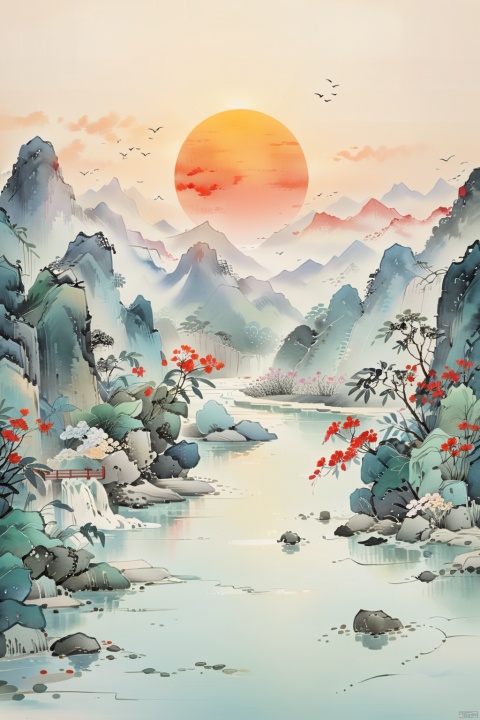A picturesque scene with the grandeur of Chinese red, poetic elegance, and traditional elements, overlooking a tranquil river with the sun rising, crimson flowers floating on the water, and an ethereal mist enveloping the mountains. The scene exudes a sense of timeless beauty and harmony, capturing the essence of spring with deep green river waters, sparkling blue gemstones, and fresh, vivid colors. The entire landscape appears as if the heavens and earth have converged, creating a mesmerizing and serene atmosphere. The detailed depiction of the surroundings should have the best quality (4k,8k,highres,masterpiece:1.2) and be ultra-detailed with a realistic, photorealistic style (photo-realistic:1.37). The lighting should emphasize studio lighting, sharp focus, vivid colors, and an overall sense of tranquility.