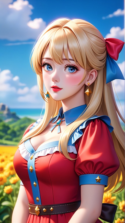 masterpiece, best quality, official art, extremely detailed CG unity 8k wallpaper, highly detailed, absurdres, 8k resolution, prefect face, shiny skin, gradient_eyes, lipstick, nose blush, hair over shoulder, blonde hair, bracelet, yokozuwari, in summer, hair bow, stud earrings, disney movie, cowboy shot,1girl,big_boobies