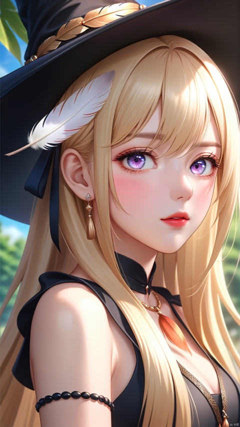 masterpiece, best quality, official art, extremely detailed CG unity 8k wallpaper, highly detailed, absurdres, 8k resolution, close up portrait, prefect face, shiny skin, witch, gradient_eyes, lipstick, nose blush, hair over shoulder, blonde hair, bracelet, feather hair ornament, yokozuwari, in summer,1girl