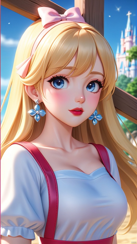 masterpiece, best quality, official art, extremely detailed CG unity 8k wallpaper, highly detailed, absurdres, 8k resolution, prefect face, shiny skin, gradient_eyes, lipstick, nose blush, hair over shoulder, blonde hair, bracelet, in summer, hair bow, stud earrings, disney movie, full_body,1girl,big_boobies,crucifixion