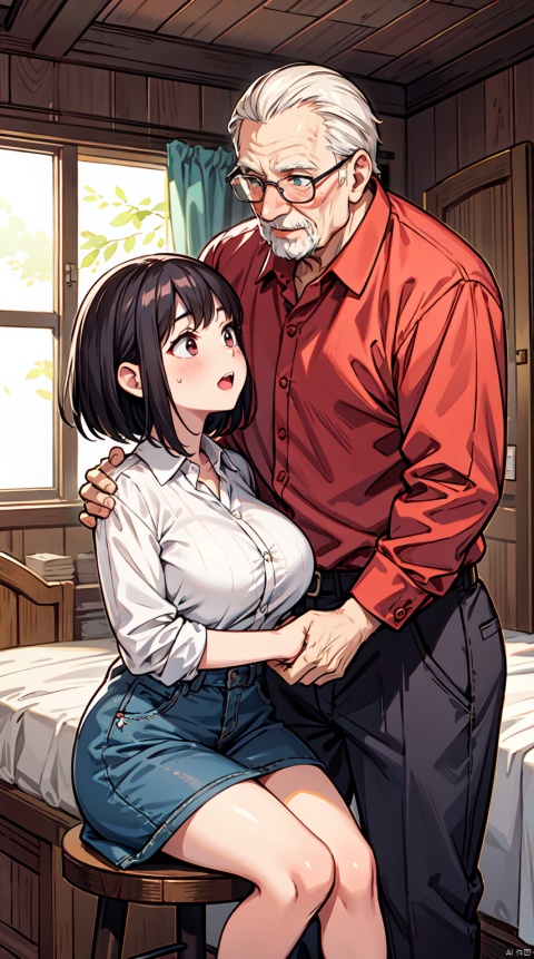 A old man is holding a woman,This woman is very young,big_breasts