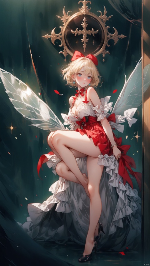 masterpiece, best quality, official art, extremely detailed CG unity 8k wallpaper, highly detailed, absurdres, 8k resolution, prefect face, shiny skin, gradient_eyes, lipstick, nose blush, hair over shoulder, blonde hair, bracelet, in summer, hair bow, stud earrings, disney movie, crucifixion, Panorama, ((full body)), Fairy wings,1girl,big_boobies, tutututu