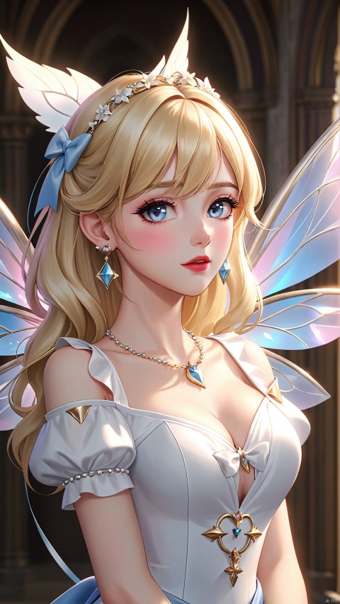 masterpiece, best quality, official art, extremely detailed CG unity 8k wallpaper, highly detailed, absurdres, 8k resolution, prefect face, shiny skin, gradient_eyes, lipstick, nose blush, hair over shoulder, blonde hair, bracelet, in summer, hair bow, stud earrings, disney movie, crucifixion, Panorama, ((full body)), Fairy wings,1girl,big_boobies