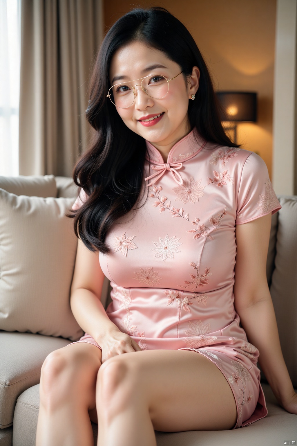 a 38 year old japanese woman with lingering charm,long black hair,a perfect figure is very charming,makeup that looks good,red lipstick,sexy big breasts,smiling is very charming,sitting on the sofa,wearing gold rimmed glasses,in the living room,full-body picture,wearing pink slit cheongsam pajamas,embroidered patterns on qipao,