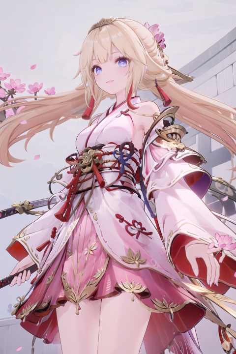  1girl, solo, long_hair, looking_at_viewer, smile, bangs, skirt, long_sleeves, holding, standing, weapon, flower, cowboy_shot, parted_lips, japanese_clothes, sword, wide_sleeves, kimono, holding_weapon, holding_sword, katana, bug, white_flower, cherry_blossoms, red_flower, butterfly, sheath, pink_flower, yellow_flower, orb, orange_flower, peony_\(flower\)