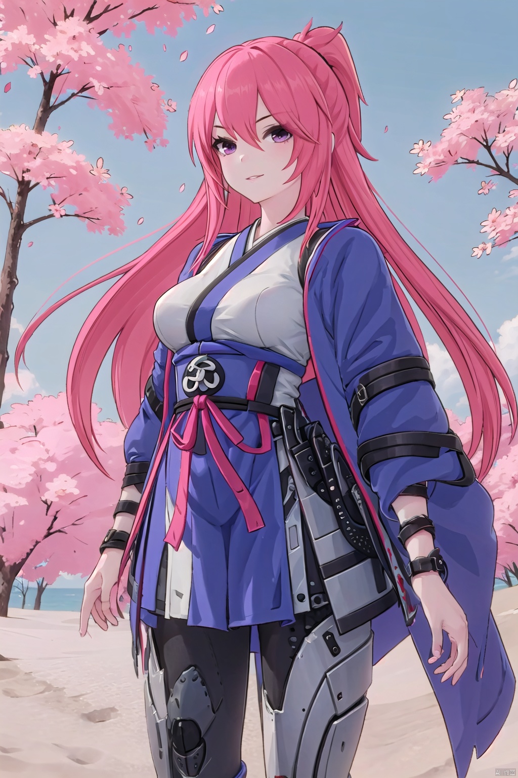  1girl, solo, long_hair, looking_at_viewer, smile, bangs, skirt, long_sleeves, holding, standing, weapon, flower, cowboy_shot, parted_lips, japanese_clothes, sword, wide_sleeves, kimono, holding_weapon, holding_sword, katana, bug, white_flower, cherry_blossoms, red_flower, butterfly, sheath, pink_flower, yellow_flower, orb, orange_flower, peony_\(flower\), linghanXF, fulijiaXF