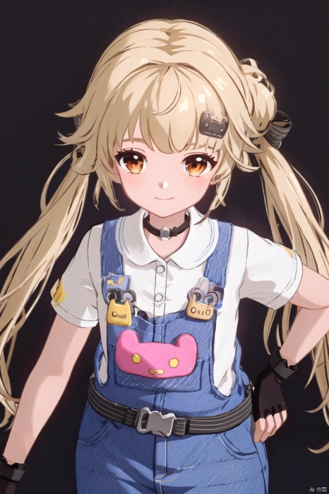 1girl, solo, long hair, looking at viewer, smile, bangs, blonde hair, simple background, shirt, hair ornament, gloves, bow, twintails, brown eyes, closed mouth, white shirt,  short sleeves, hair bow, cowboy shot, choker, black gloves, belt, fingerless gloves, orange eyes,  low twintails, black choker, bandaid, overalls

, shaliXF