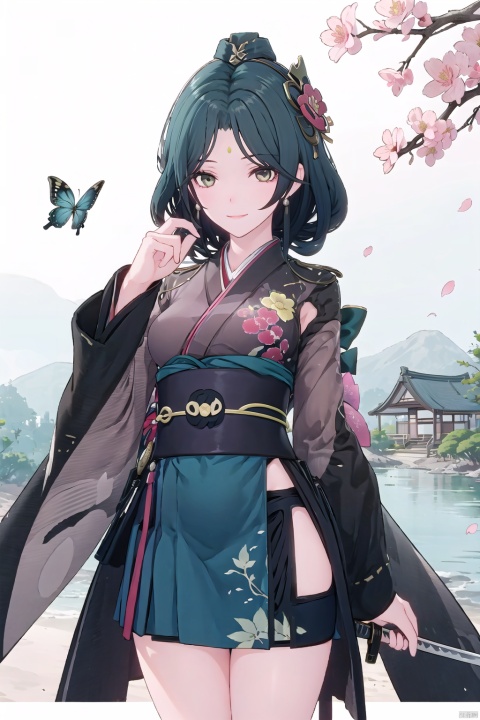  1girl, solo, long_hair, looking_at_viewer, smile, bangs, skirt, long_sleeves, holding, standing, weapon, flower, cowboy_shot, parted_lips, japanese_clothes, sword, wide_sleeves, kimono, holding_weapon, holding_sword, katana, bug, white_flower, cherry_blossoms, red_flower, butterfly, sheath, pink_flower, yellow_flower, orb, orange_flower, peony_\(flower\), linghanXF