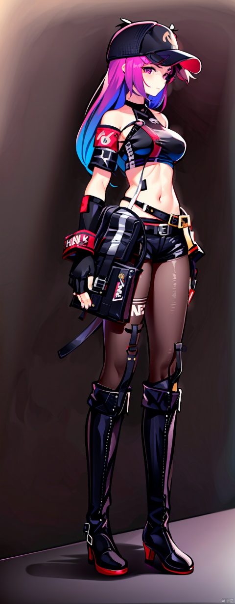1girl, solo, long hair, breasts, looking at viewer, gloves, hat, navel, bare shoulders, medium breasts, closed mouth, standing, purple eyes, full body, pantyhose, multicolored hair, boots, shorts, sleeveless, black gloves, midriff, belt, fingerless gloves, black footwear, high heels, crop top, short shorts, black headwear, tattoo, gradient hair, black shorts, knee boots, armband, baseball cap, brown pantyhose, barcode, barcode tattoo