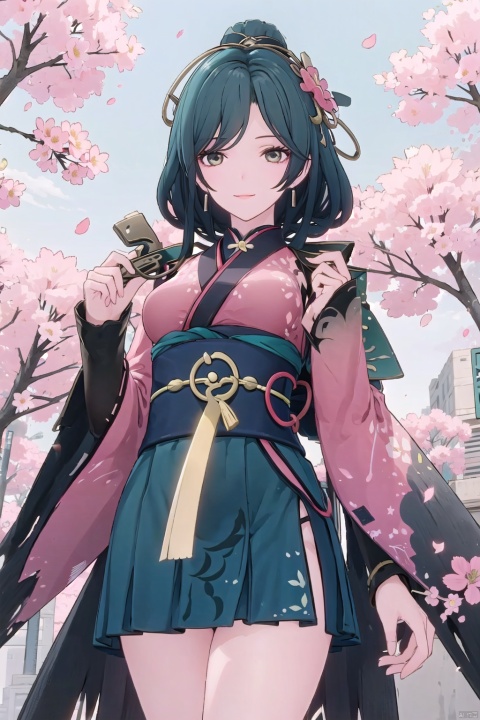 1girl, solo, long_hair, looking_at_viewer, smile, bangs, skirt, long_sleeves, holding, standing, weapon, flower, cowboy_shot, parted_lips, japanese_clothes, sword, wide_sleeves, kimono, holding_weapon, holding_sword, katana, bug, white_flower, cherry_blossoms, red_flower, butterfly, sheath, pink_flower, yellow_flower, orb, orange_flower, peony_\(flower\), linghanXF