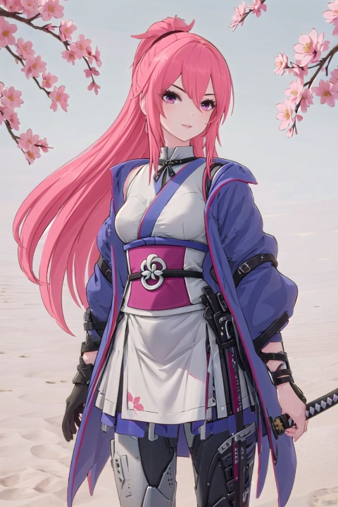  1girl, solo, long_hair, looking_at_viewer, smile, bangs, skirt, long_sleeves, holding, standing, weapon, flower, cowboy_shot, parted_lips, japanese_clothes, sword, wide_sleeves, kimono, holding_weapon, holding_sword, katana, bug, white_flower, cherry_blossoms, red_flower, butterfly, sheath, pink_flower, yellow_flower, orb, orange_flower, peony_\(flower\), linghanXF, fulijiaXF