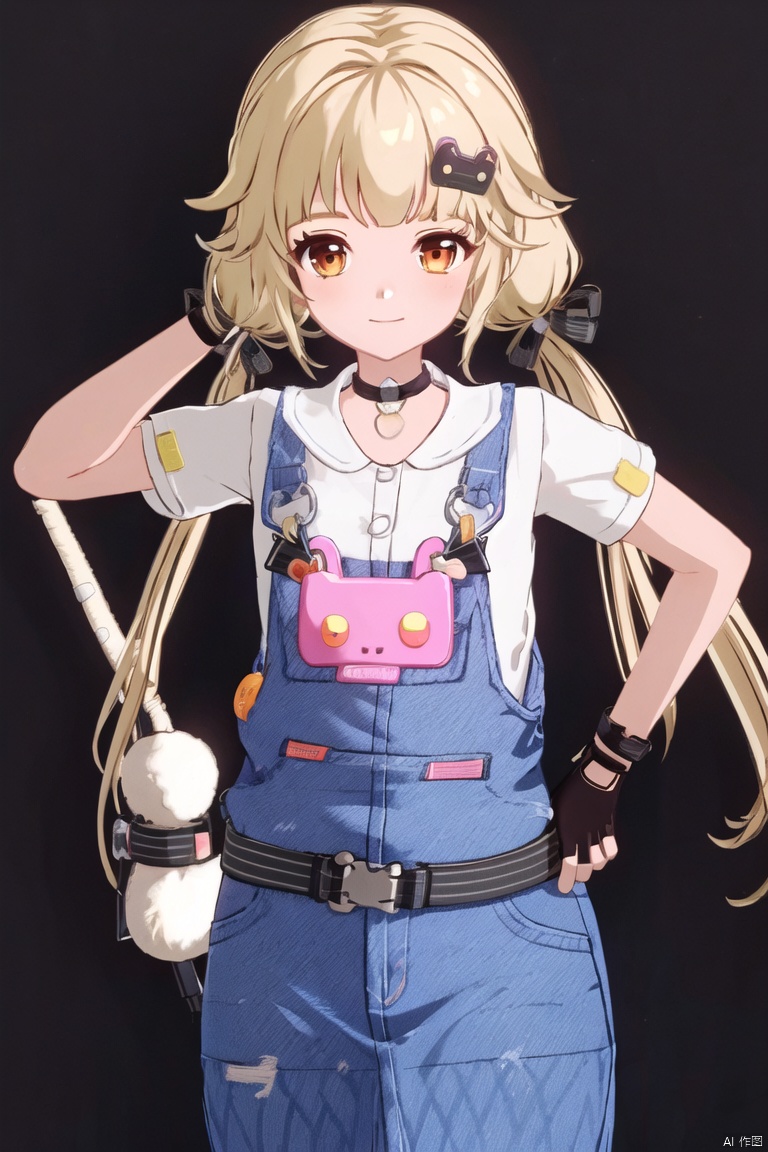 1girl, solo, long hair, looking at viewer, smile, bangs, blonde hair, simple background, shirt, hair ornament, gloves, bow, twintails, brown eyes, closed mouth, white shirt,  short sleeves, hair bow, cowboy shot, choker, black gloves, belt, fingerless gloves, orange eyes,  low twintails, black choker, bandaid, overalls

, shaliXF
