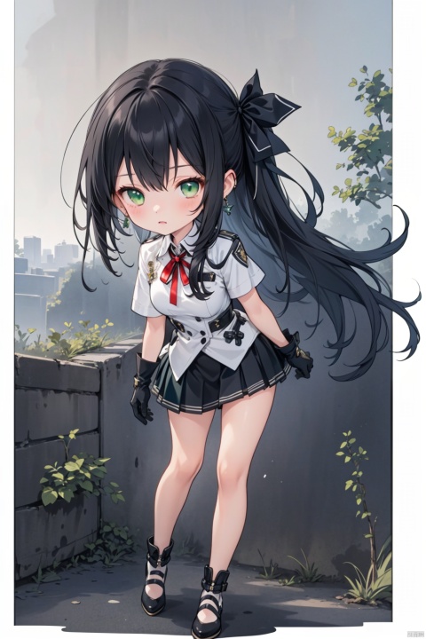 1girl, solo, long hair, gloves,  skirt,  earrings, green eyes, jewelry, black gloves,  black hair,  half gloves,cowboy shot, miniskirt, pleated skirt, ribbon, outdoors,linyeXF,white_background,full-body,, chibi,, chibi