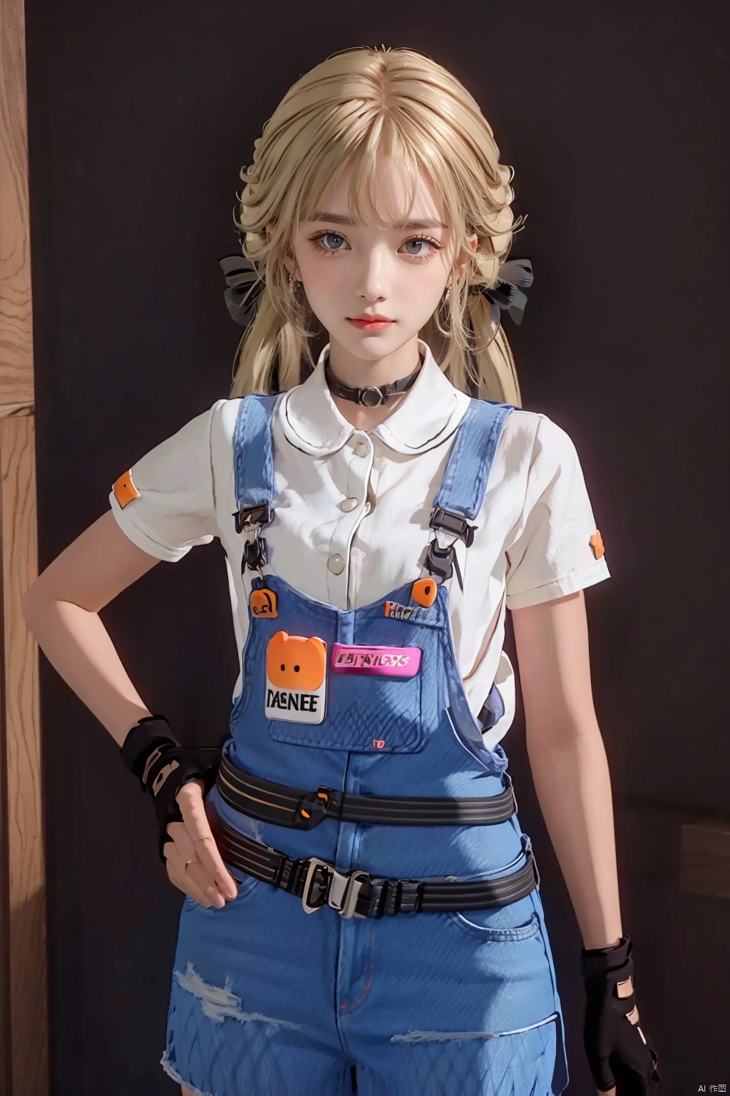 1girl, solo, long hair, looking at viewer, smile, bangs, blonde hair, simple background, shirt, hair ornament, gloves, bow, twintails, brown eyes, closed mouth, white shirt,  short sleeves, hair bow,, black gloves, belt, fingerless gloves, orange eyes,  low twintails, black choker, bandaid, overalls, shaliXF