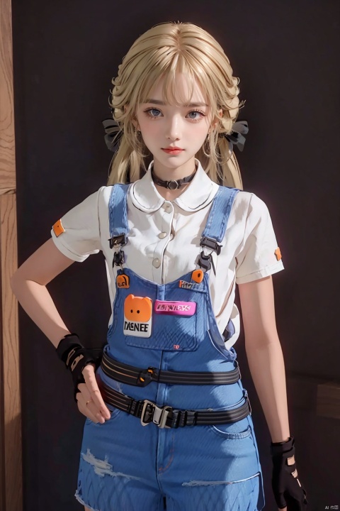 1girl, solo, long hair, looking at viewer, smile, bangs, blonde hair, simple background, shirt, hair ornament, gloves, bow, twintails, brown eyes, closed mouth, white shirt,  short sleeves, hair bow,, black gloves, belt, fingerless gloves, orange eyes,  low twintails, black choker, bandaid, overalls, shaliXF