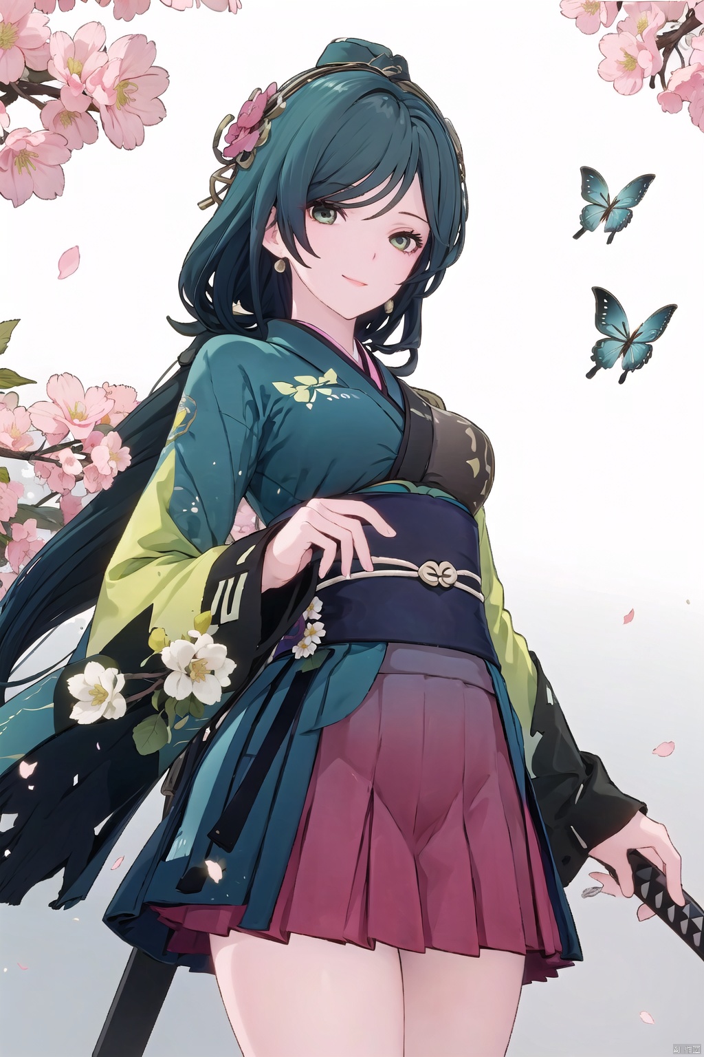  1girl, solo, long_hair, looking_at_viewer, smile, bangs, skirt, long_sleeves, holding, standing, weapon, flower, cowboy_shot, parted_lips, japanese_clothes, sword, wide_sleeves, kimono, holding_weapon, holding_sword, katana, bug, white_flower, cherry_blossoms, red_flower, butterfly, sheath, pink_flower, yellow_flower, orb, orange_flower, peony_\(flower\), linghanXF