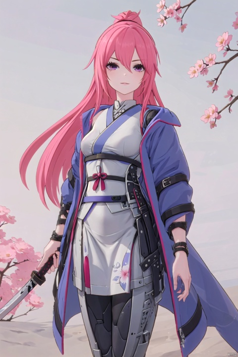  1girl, solo, long_hair, looking_at_viewer, smile, bangs, skirt, long_sleeves, holding, standing, weapon, flower, cowboy_shot, parted_lips, japanese_clothes, sword, wide_sleeves, kimono, holding_weapon, holding_sword, katana, bug, white_flower, cherry_blossoms, red_flower, butterfly, sheath, pink_flower, yellow_flower, orb, orange_flower, peony_\(flower\), linghanXF, fulijiaXF