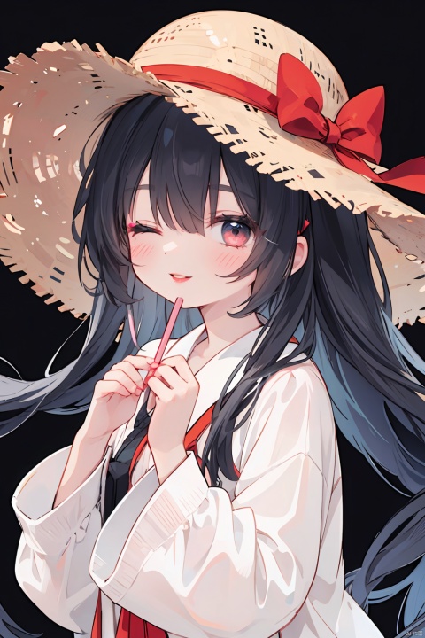  A girl, solo, long hair, watching the audience, black hair, hair accessories, long sleeves, upper body, big straw hat, brim blocking eyes and nose, smiling lips, hands up, long hair, floating hair, front face, makeup, black background, red lips,